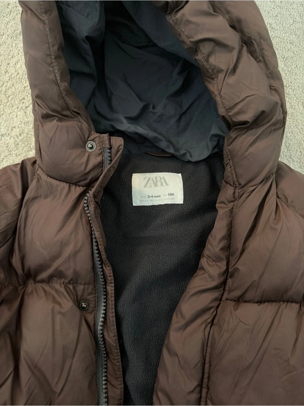 Zara Kids Chocolate Brown Hooded Puffer Coat Fleece Lined 3-4 Years 104cm